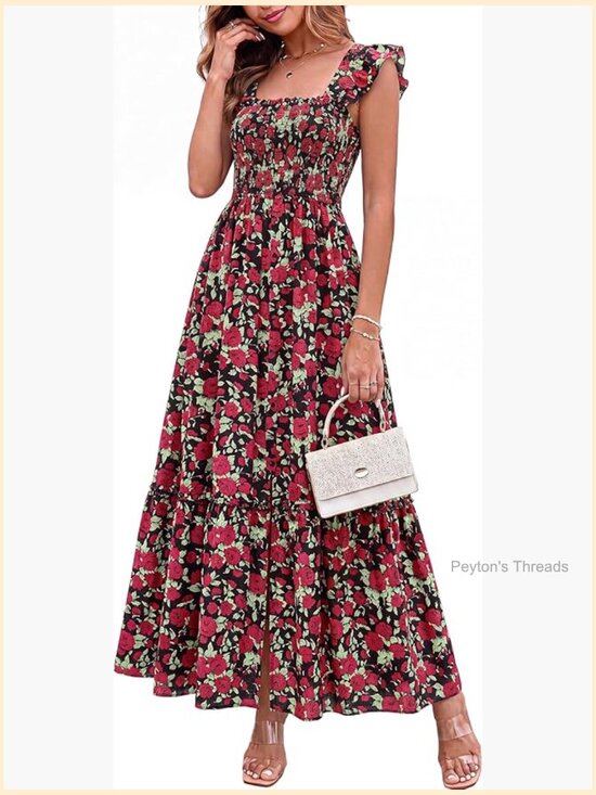 Dresses & Skirts - Womens Smocked Floral Ruffle Sleeve Slit Maxi Dress Boho Beach Sundress